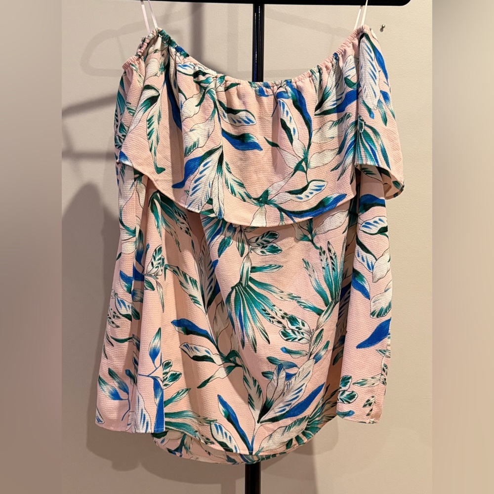 Tropical Leaf Off-Shoulder Blouse - Pink and Blue